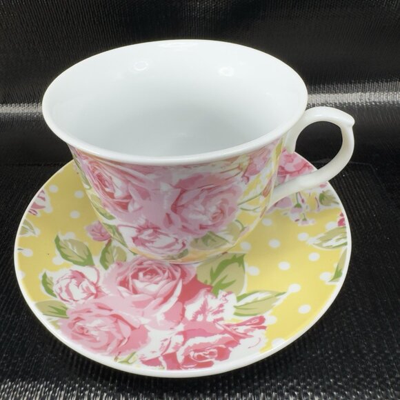 Kent Pottery Fine Porcelain Teacup And Saucer Set Floral Pattern 12oz Yellow VTG - Picture 10 of 10